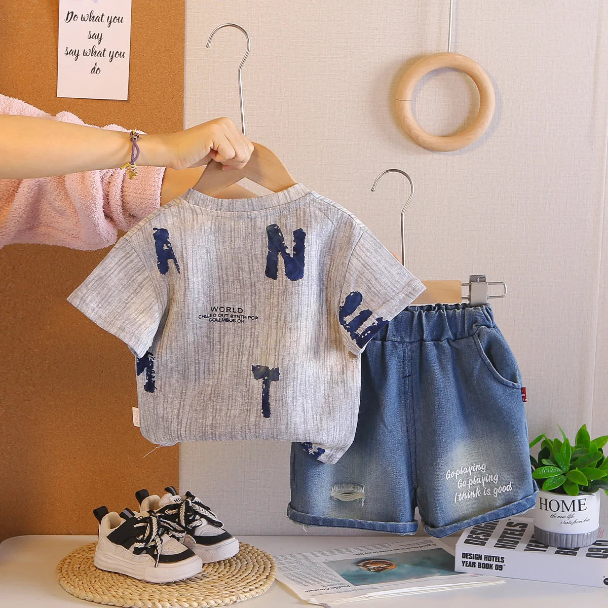 Toddler Boys Summer Outfits 2026 Korean Baby Boy Clothes 12 To 18 Months Short Sleeve T-shirts and Denim Shorts 2 Piece Sets