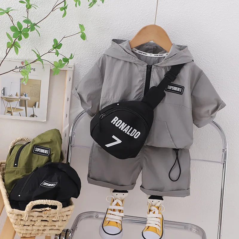 Baby Casual Sets Boys Half Zipper Hooded Short-Sleeved Suit With Satchel Summer New Children's Fashion Sportswear 2Pcs 12M-5Y