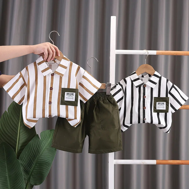 Summer Children's Clothing 2024 New Baby Boy Clothes 0-5 Years Korean Fashion Striped Short Sleeve Shirts and Shorts 2 Piece Set